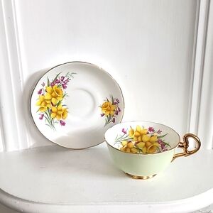 Vintage Royal Grafton Teacup and Saucer pastel green with floral bone china